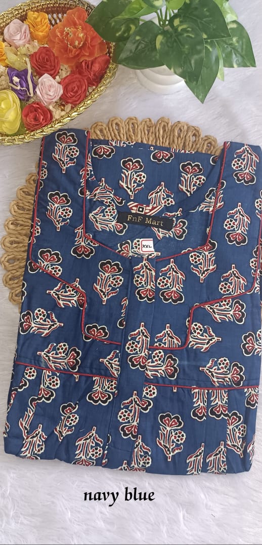 Jaipur Cotton Nighty - Blue & Red