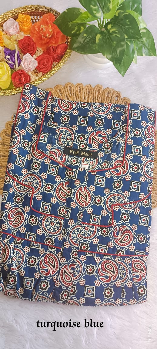 Jaipur Cotton Nighty - Blue & Red
