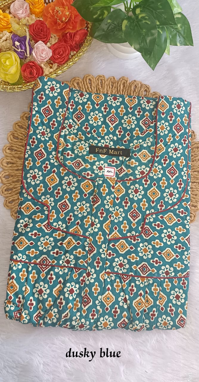 Jaipur Cotton Nighty - Peacock Green& Red