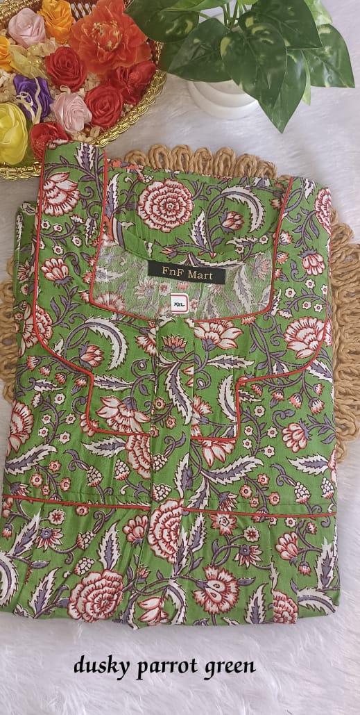 Jaipur Cotton Nighty - Green& Red