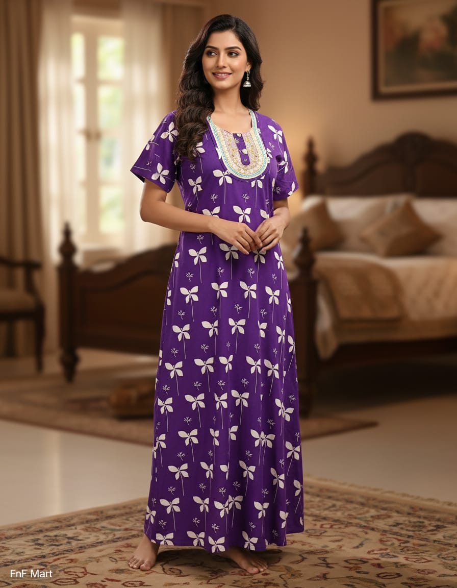 Cotton Embroidery Nighty - Dark Brown & Green - Image 2