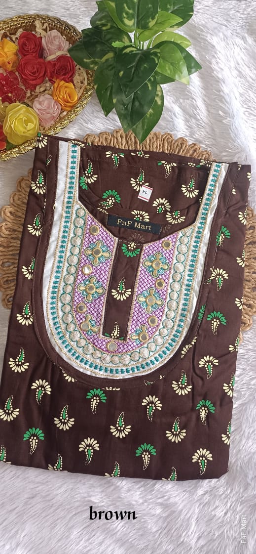 Cotton Embroidery Nighty - Dark Brown & Green