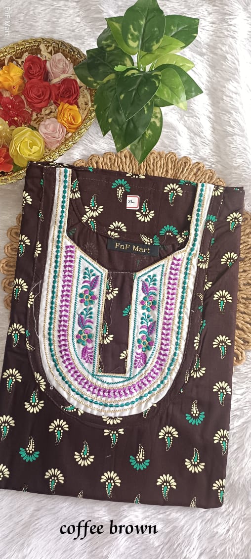 Cotton Embroidery Nighty - Dark Brown & white