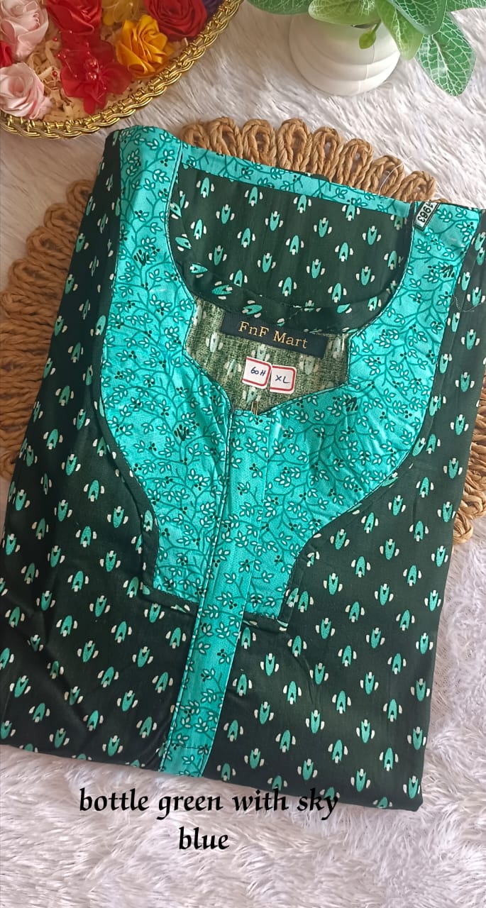 60 Inches Height Nighty - Bottle Green with Sky Blue