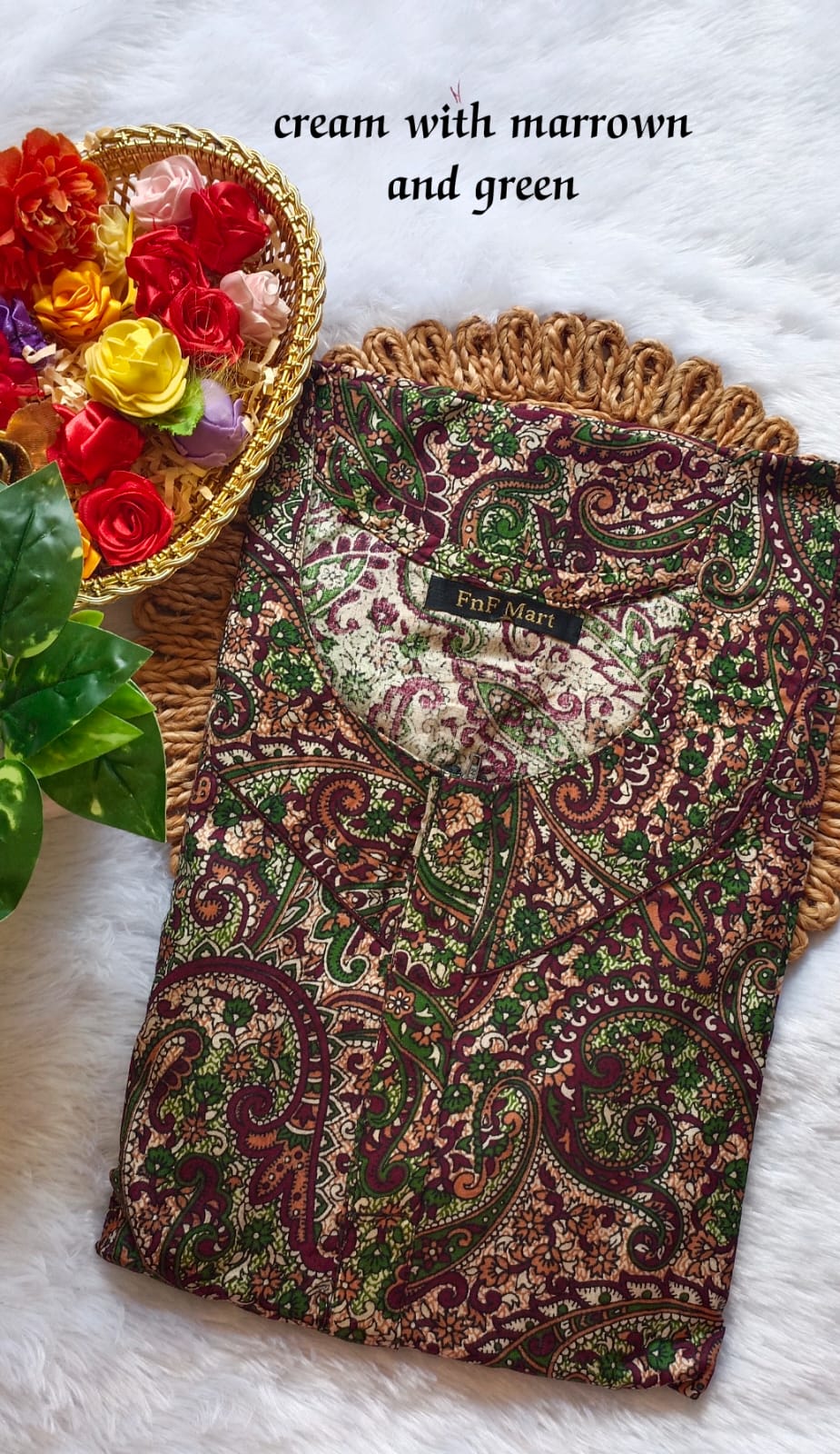 60 Inches Height Nighty - Cream with Marrown and Green