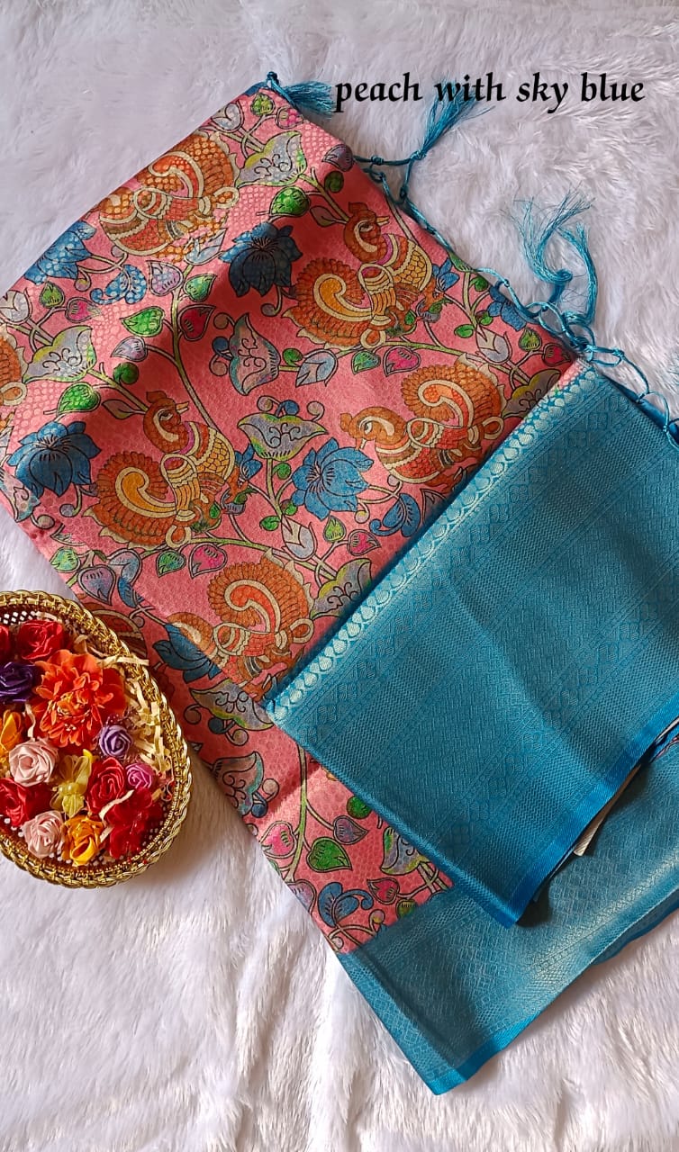 Function Saree - Peach with Sky Blue